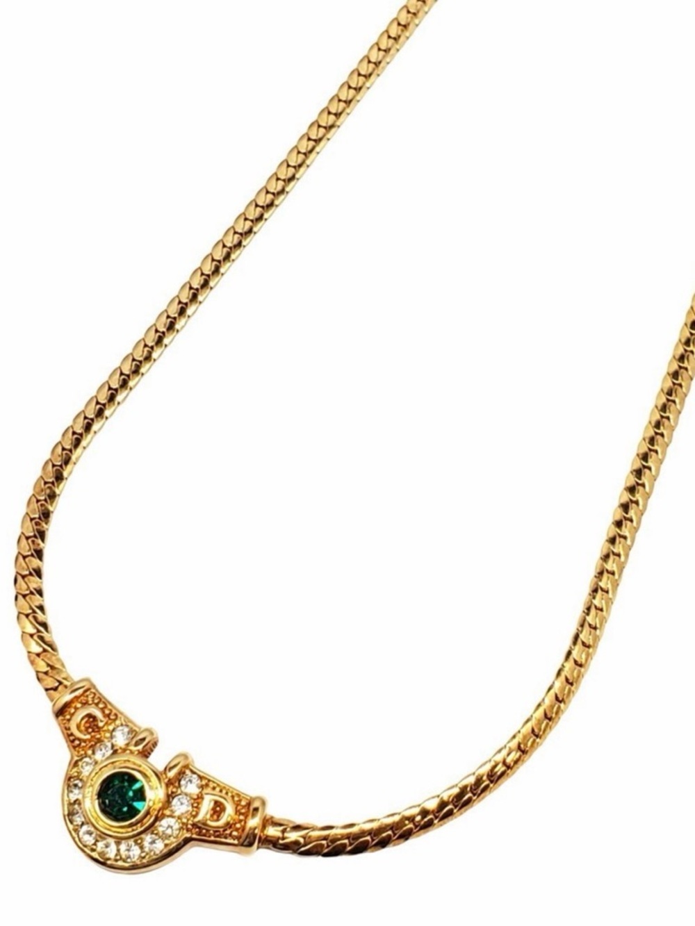 Christian DIOR Rhinestone Necklace Green Gold Plated Flat Herringbone Chain 17” - Picture 4 of 11